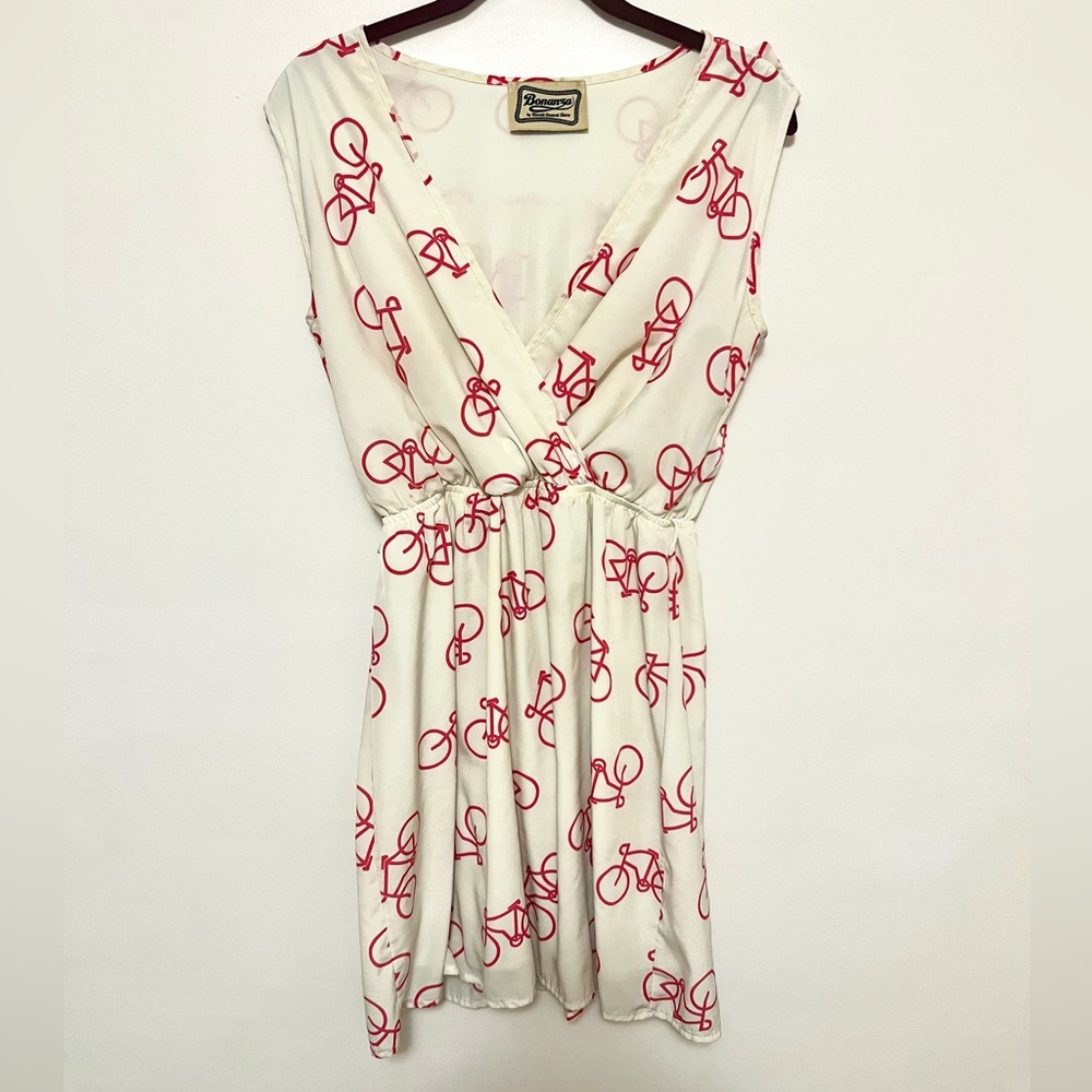 Bonanza - vintage pink bicycle on off-white dress. S/XS
